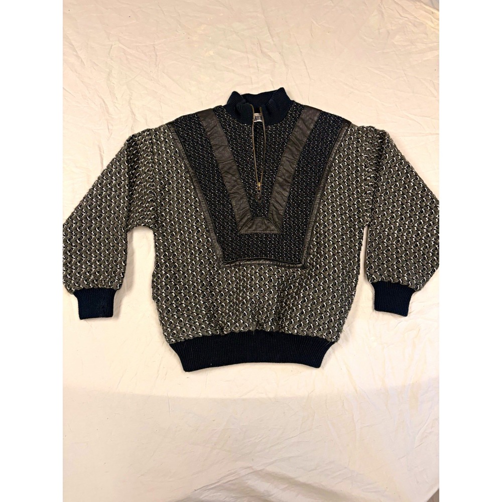Vintage 80s Gabrielle Sweater S Black Gray Genuine Leather Trim Quarter Zip Knit